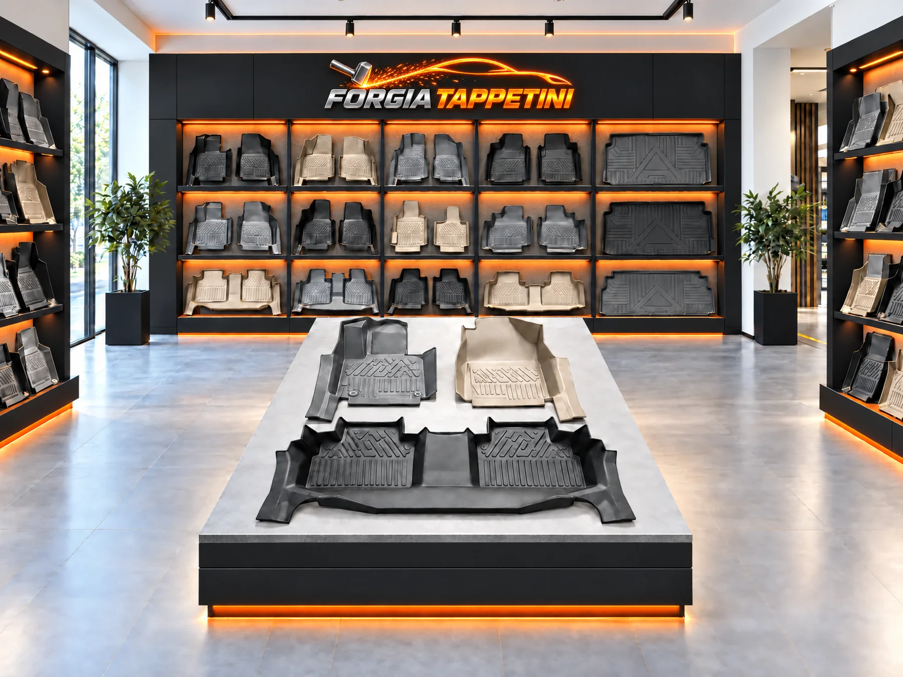 Showroom Forgia Tappetini con tappetini auto 3D neri, grigi e beige